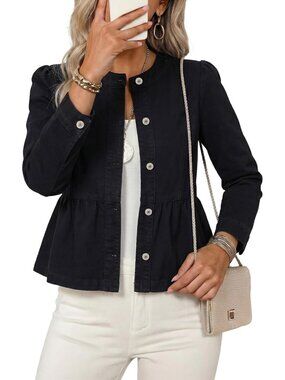 Women's Black Button Down Long Sleeve Collarless Cinched Waist Denim Jackets